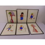 A set of six framed and glazed Italian watercolour caricatures of children, indistinctly signed,