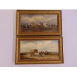 Stone a pair of framed Victorian oils on panel of figures on horseback and a covered wagon, signed