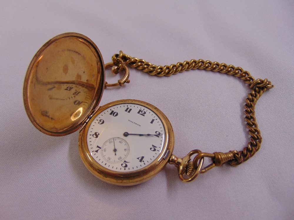 Waltham gold plated pocket watch with gold plated fob chain