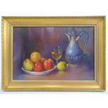 Charles Seez framed oil on canvas still life of fruit and a glass of wine, signed bottom right, 46 x