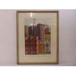 Mrs N W Ensor a framed watercolour titled Flat Land, of architectural interest, label to verso