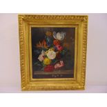 A framed oil on panel still life of flowers in the Dutch style, 29.5 x 24.5cm