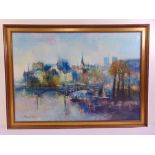 A. Sillice framed oil on canvas of a view of a river and cityscape, signed bottom left, 71 x 101.5cm