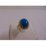 9ct yellow gold turquoise and pearl cocktail ring, approx total weight 4.2g
