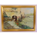 Ciro Canzanella framed oil on canvas of a Neapolitan market, signed bottom left, label to verso 49 x