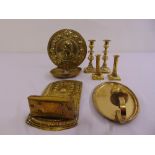 A quantity of early brass to include two 18th century wall sconces and two pairs of candlesticks (