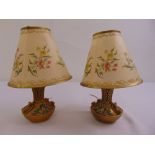 A pair of ceramic hand painted bedside lamps with decorative shades