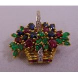 18ct yellow gold ruby, sapphire, emerald and diamond pendant brooch in the form of a basket of