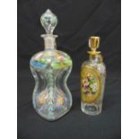 Two continental hand painted glass decanters with drop stoppers