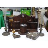 A pipe rack, a pair of epergnes, inlaid box, etc.