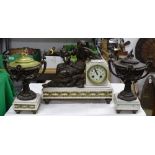 A marble and spelter 3-piece clock garniture with