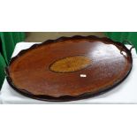 An Edwardian inlaid tea tray with shell motif and