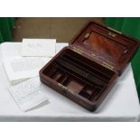 A Victorian brass bound mahogany stationery box wi