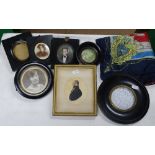 Ebony framed miniature portraits, etc., and a silk