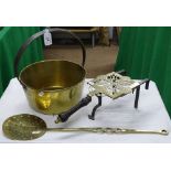 Antique brass preserve pan, a cream skimmer and a