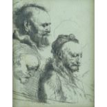 After Rembrandt, miniature etching 3 head studies,