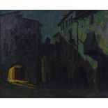 Oil on canvas, Moonlit continental street scene, i