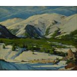 Mid-20th century oil on panel, Snow covered mounta