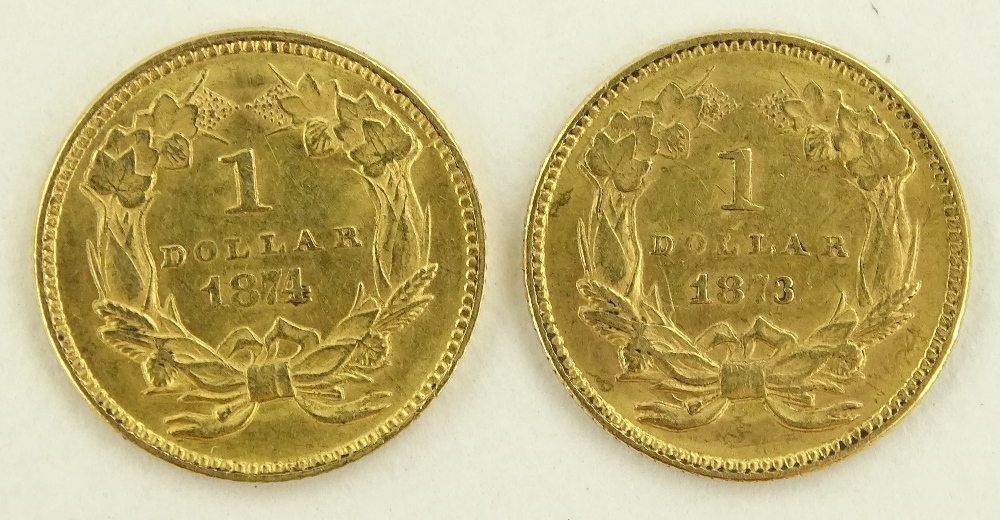 2 19th century American gold 1 dollar coins, 1873 - Image 2 of 3