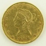 An American 1881 Liberty gold 10 dollar coin, 16.6