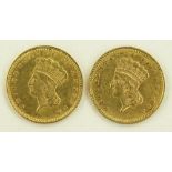 2 19th century American gold 1 dollar coins, 1873