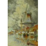 Louis Van Staaten, watercolour, Dutch canal scene,