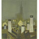 Roger Muhl, colour lithograph, city scape, signed