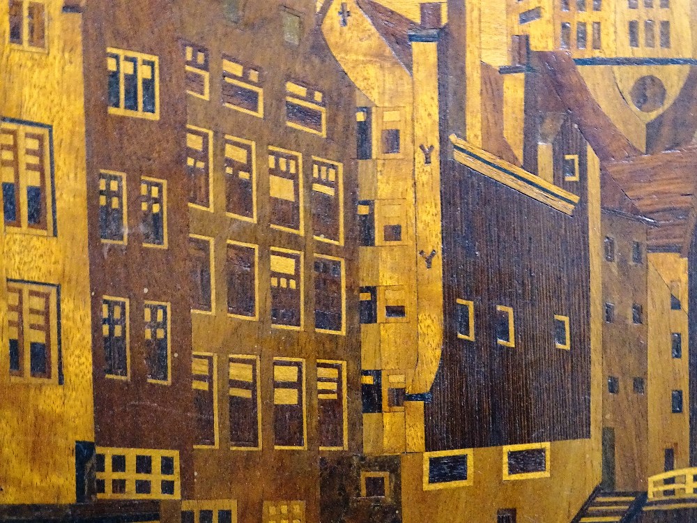 Marquetry picture - continental town scene. - Image 2 of 2