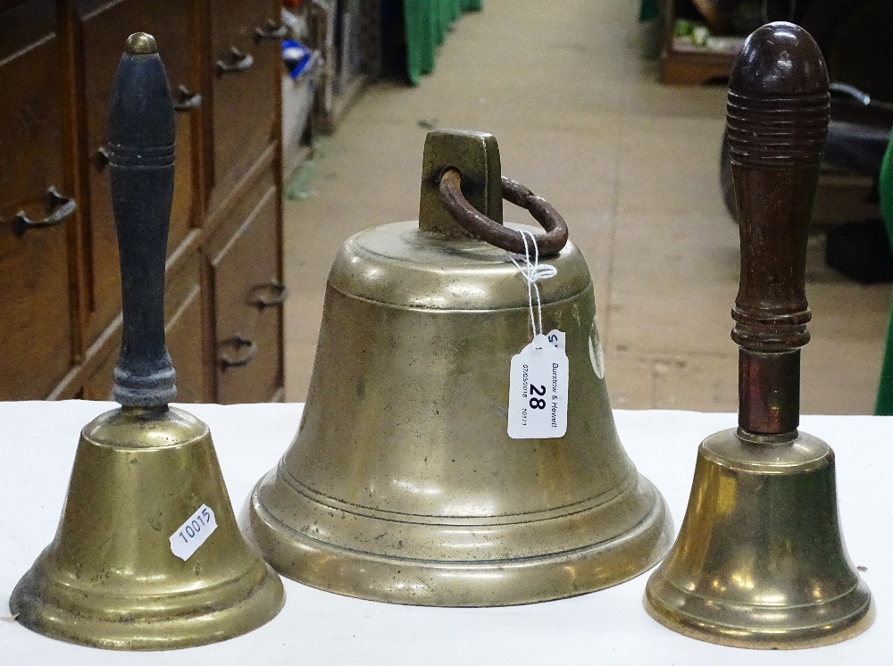 2 Hand bells with turned wood handles and a hangin