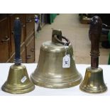2 Hand bells with turned wood handles and a hangin