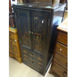 A Chinese black lacquered cabinet, the 2 painted d