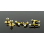 Pair of unmarked gold pearl set cufflinks, bar len