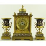 A gilt brass and champleve enamel 3-piece clock ga