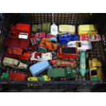 Box of Vintage Dinky Toys vans, racing cars, etc.