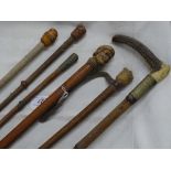 Horn handled riding crop, 3 others, walking cane w