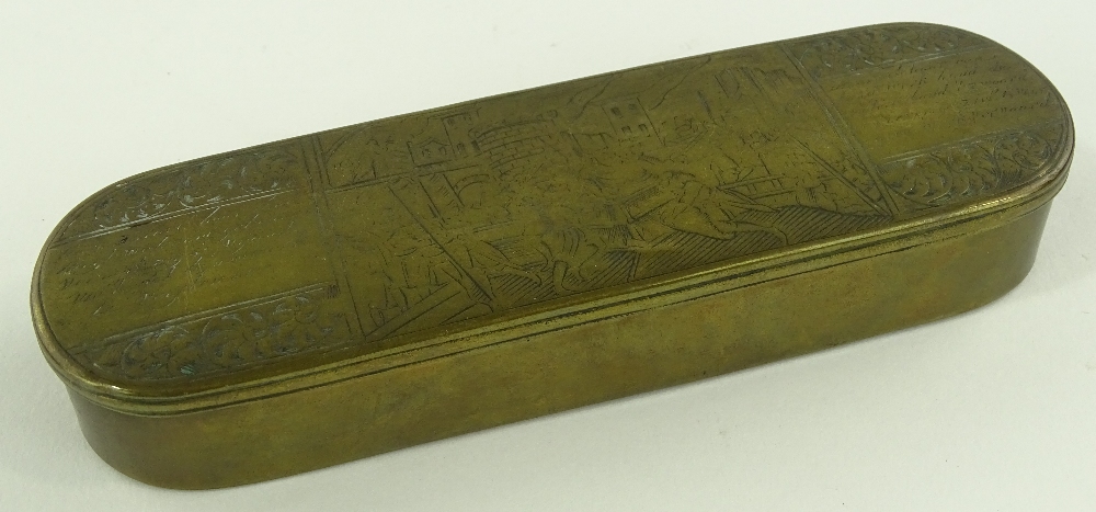 An 18th century Dutch brass tobacco box, with engr