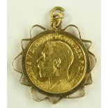 A 1912 gold half sovereign, 9ct gold pendant mount