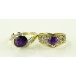 2 9ct gold amethyst and diamond set rings, 5.6g to