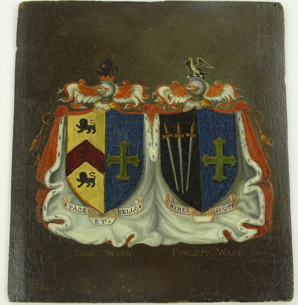 A 19th century oil on wood panel Armorial Crest, f