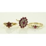 3 9ct gold and stone set cluster rings, total weig