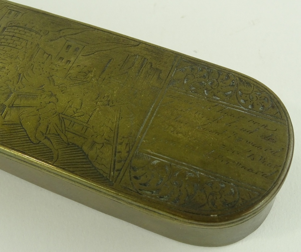 An 18th century Dutch brass tobacco box, with engr - Image 2 of 3