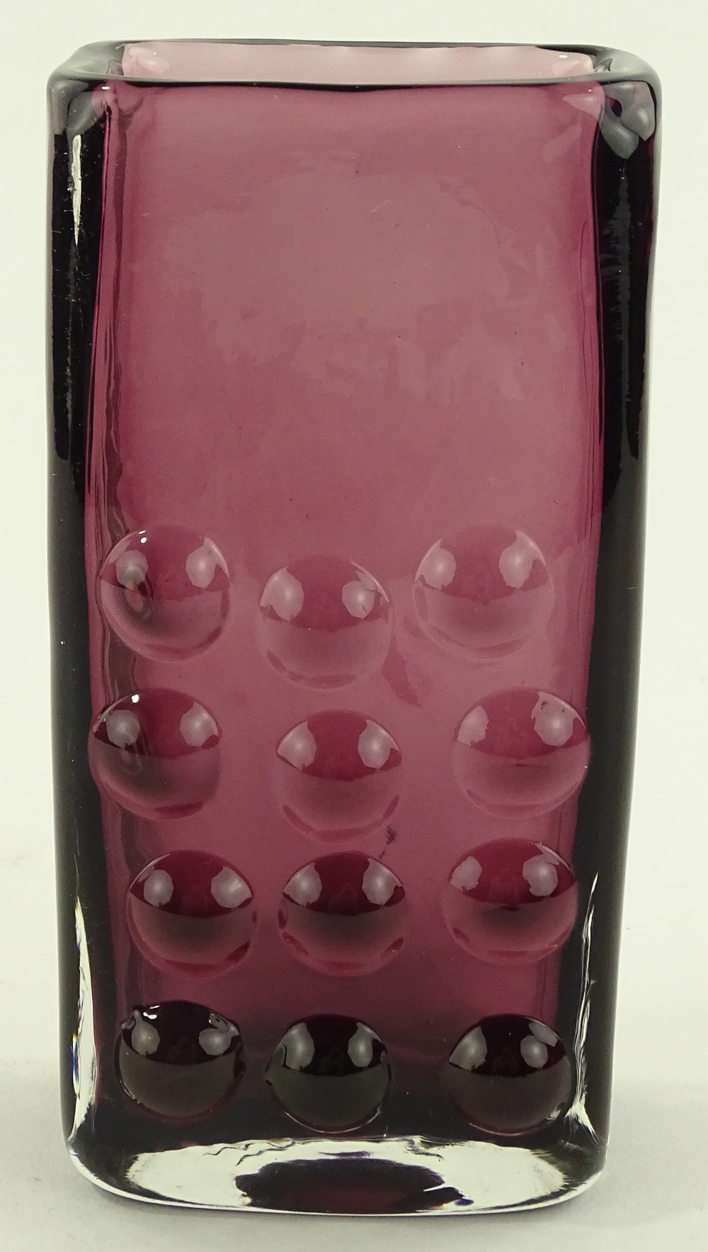 A Whitefriars aubergine glass mobile phone vase by