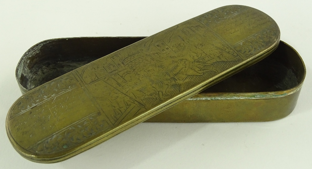 An 18th century Dutch brass tobacco box, with engr - Image 3 of 3