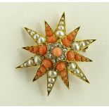 A 15ct gold pearl, coral and diamond set starburst