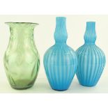 A pair of Victorian blue glass narrow necked vases