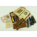 Various Vintage pens, drawing instruments, card ga