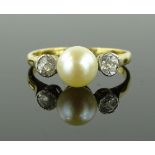 A Victorian unmarked gold cultured pearl and diamo