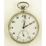 An Omega open faced topwind pocket watch, stainles