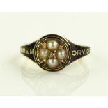 A Victorian 18ct gold black enamel pearl and diamo