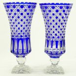 Pair of blue overlay cut-glass trumpet shaped vase